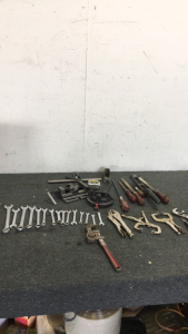 (17) Central Forge Metric Wrenches (3) Pairs of Vise Grips (1) Small Bench Vise (1) level Square (7) Files (1) Stanley 16’ Powerlick Tape Measurer