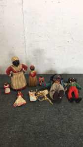 (1) Vintage Cast Iron 10” Figurine (2) Aunt Jemima Salt Pepper Shaker And Various Vintage Dolls