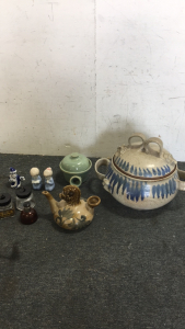 (3) Vintage Stoneware Dishes (3) Japan figurines (3) vintage Ink wells