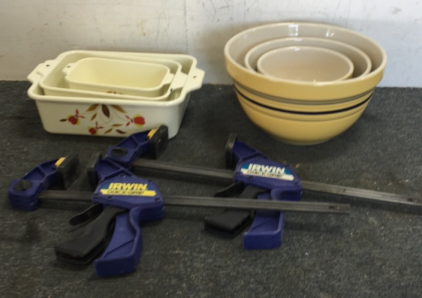 (3) Gibson bowls (3) Metal Baking Pots (2) Irwin Quick Grip