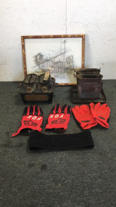 (1) Puritan Gas Lamp (1) Unknown Gas Lamp (1) Mancave Picture (2) Pair Motorcycle Gloves