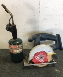 (1) Ryobi 5.5&rdquo; Cordless Saw (1) Colman Propane Torch