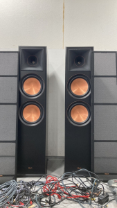 (2) Klipsch Home speakers and box of cords