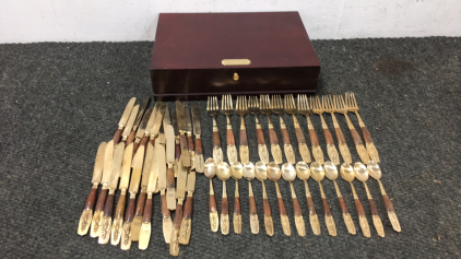 Vintage Cherry Wood Box With Bronze & Wood Silverware