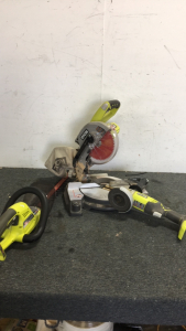 (1) Ryobi 18v Cordless 7-1/4&rdquo; Compund Miter Saw (1) Ryobi 18v Cordless Hedge Trimmer (1) Ryobi 18v Cordless 4-1/2&rdquo; Grinder