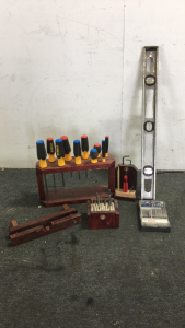 (1) 10-Piece Dewalt Screwdriver Set (1) Bosch 15-Piece Jigsaw Blade Set (1) Wood Glue Clamp and Various Drill Bits