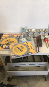 (1) Dewalt 12” Table saw blade (1) Dewalt 10” Table saw blade (4)steel Martini Glasses (2) Viking Brushes (1) brush (1) Meat Hook (5) makeup containers