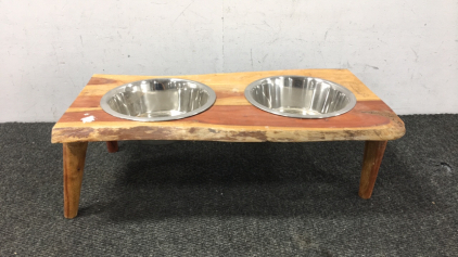 Wooden Pet Food Bowl Holder w/(2) Bowls
