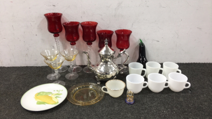 Silver Tea Pot, Glass Cups And Plates