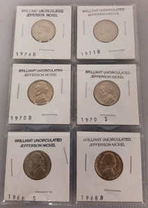 (6) Various Year Brilliant Uncirculated Jefferson Nickels