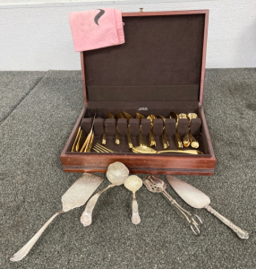 Antique Gold-Toned Silverware Set, Serving Utensils, & Handkerchief