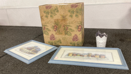 Glass Salad Bowl, Wall Decor, And Lavender Vase