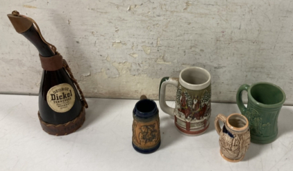 (4) Vintage Mugs & An Empty Bottle of George Dickel Whiskey