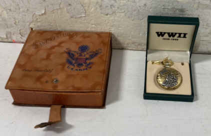 Vintage Leather Handkerchief Box & A WW2 Commemorative Pocket Watch