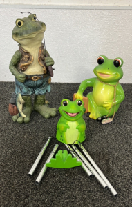 Decorative Fisherman Frog, Frog Savings Bank, & Frog Wind Chime