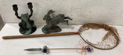 Vintage Brass Frog Candle Holder, Brass Rabbit Statue, Rustic Net & Copper Sprinkler