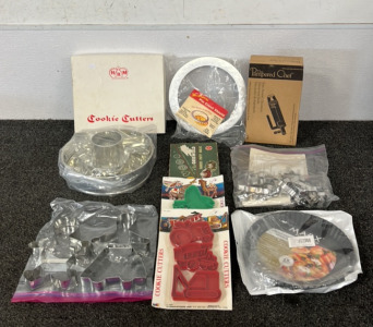 (10) Assorted Bakeware: Cookie Cutters, Cake Pan, Decorator, Pie Crust Shield, and Patty Molds