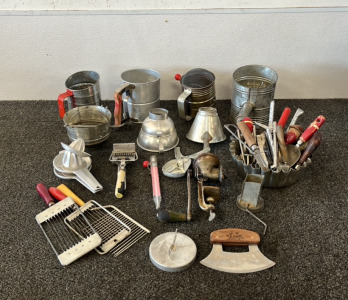 Assorted Flour Sifters, Juicers, and Other Kitchen Utensils