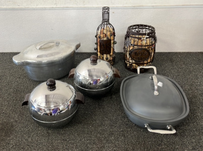 (2) Hot or Cold Serving Bowls, Technique Cast Aluminum Stovetop Smoker, (2) Decorative Wine Cork Containers, and Baking Dish