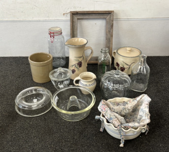 (12) Assorted Pieces of Kitchen Glassware and (1) 12"x15" Picture Frame