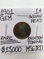 1901 MS67RD RARE INDIAN HEAD CENT RAINBOW TONE