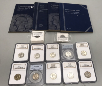 Various Collectible Quarters, Pennies, coin collection books