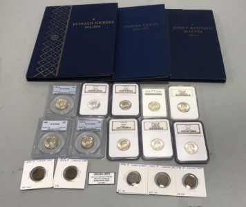 Various collectible Quarters and Lincoln Cents w/ empty coin collector books.