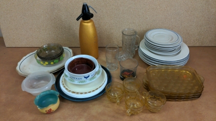 Seltzer Bottle, (4) Amber Glass Snack/Drink Sets, Assorted Kitchenware