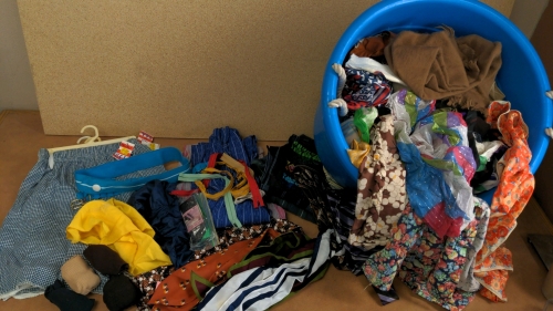 Bin of Clothing, Ties, Scarves, Zippers, More