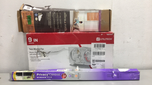 Utilitech Twin Window Fan 9&rdquo;, Allen + Roth Cordless Faux Wood Blind.