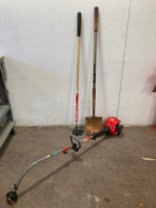 Craftsman 2-Cycle WC2200 String Trimmer (needs repair), Kobalt Steel Shovel, Craftsman Hoe