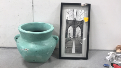 Framed Bridge Picture W/ Light Green Pot