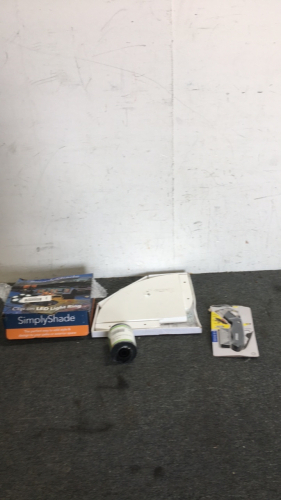 (1) Simply Shade Clip On LED Light Ring (1) Small Corner Shelf (1) GreenWorks String Trimmer Replacement Spool (1) Kobalt Utility Knife With Blades