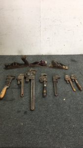 (7) Vintage Pipe Wrenches (3) vintage Lathes