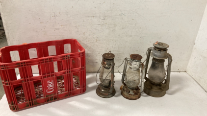 (3) Vintage Oil Lamps & Vintage Coke Crate