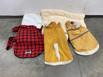 Two Dog Beds for Large Pet, and (3) Pet Winter Coats