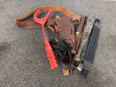 Assorted Slings, Leather Holster and Clay Pigeon Thrower