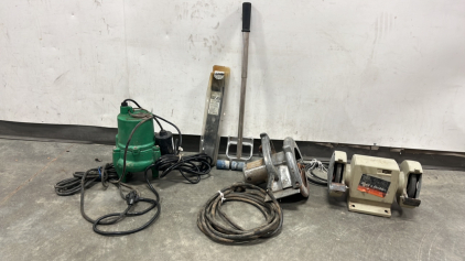 Myers Sump Pump, Power-Kraft Electric Hand Saw (Powers On), Black & Decker Bench Grinder, Murry 46" Mower Blades, and Roller Applicator