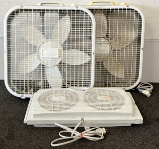 (2) 21" Box Fans and (1) 22" W In-Window Fan