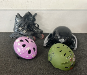 Harley Davidson S DOT Helmet, Size 3 Inline Skates, and (2) Bike/Skate Helmets