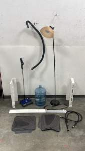 5' Lamp, 5 Gallon Water Jug, (2) Car Floor Mats, Shark Rechargeable Sweeper, and Assorted Shelving & Hoses