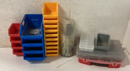 (19) Stack-able Plastic Storage Bins, (3) Fishing Tackle Bins & Zip Ties