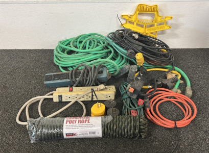 (18) Assorted Extension Cords, Power Strips, Adapters, & 75' of Poly Rope