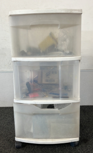 Sterlite 3-Drawer Storage Cabinet On Wheels with Assorted Parts