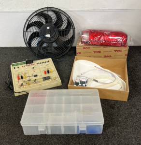 Digital/Analog Trainer, 16" Fan, TYC Tail Light Assembly, LED Controllers, and Plano Storage Box with Assorted Parts