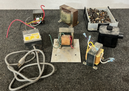 (4) Assorted Electrical Transformers, Battery Operated Air Pump, Power Unit, and Drawer of Screws