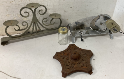 Vintage Meat Cutter, MasonJar , Candle Holder & Vintage Lamp Base