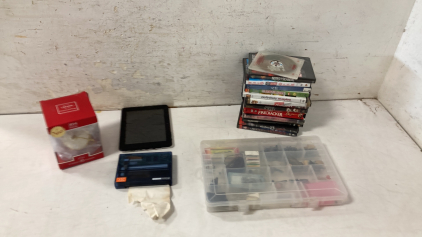 (13) Dvds, Plastic organizer, Portable Printer & More