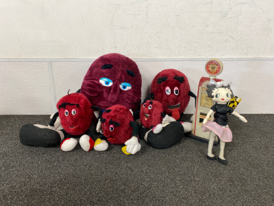 Collectible Vintage Stuffed California Raisins Plush Dolls, Betty Boop Doll and Fire Chief Coin Bank