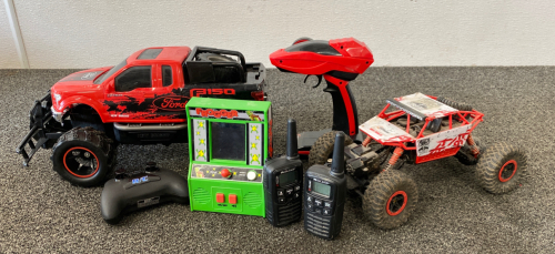 (2) RC Cars, Pair of Walkie Talkies, And Frogger Game